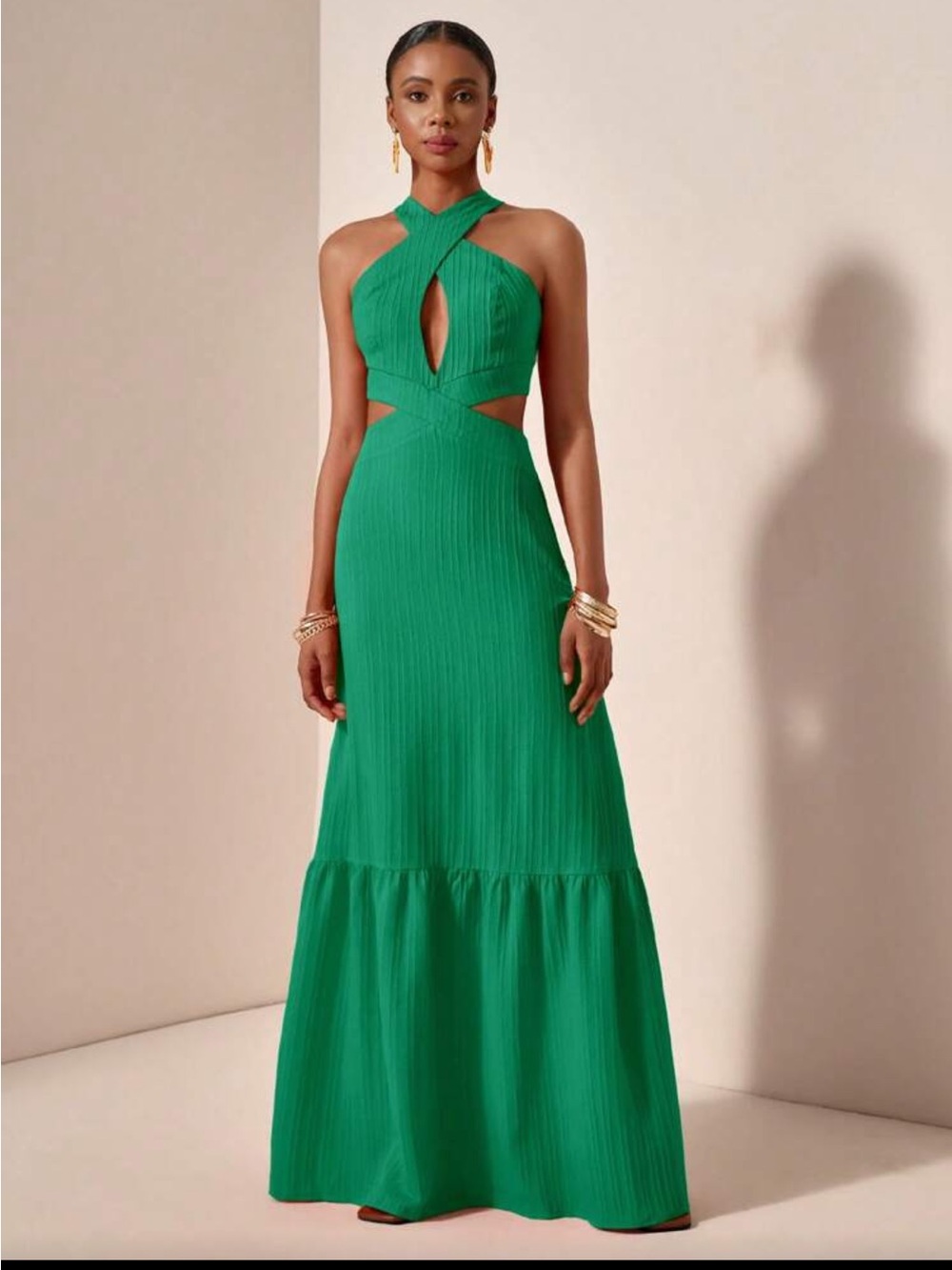 SHEIN Emerald Green Crisscross Cutout Halter Maxi Dress